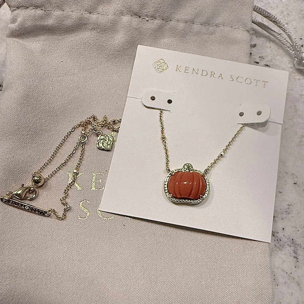 Brand New Kendra Scott Gold and Orange Pumpkin Necklace short Thanksgiving